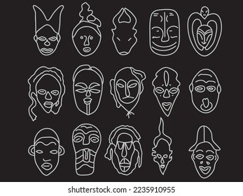 hand drawn african traditional mask outline clipart illustration set bundling 