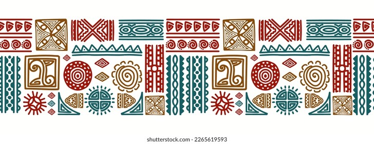 Hand drawn african tribal abstract seamless pattern, ethnic background, afro mexican border in white background. Vector illustration for fashion textile print.