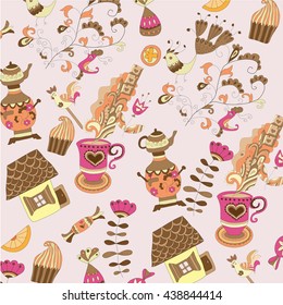 Hand drawn afternoon tea seamless background pattern with teapots birds cups cakes pastries and birds scattered on a beige background in square format suitable for wallpaper and textile