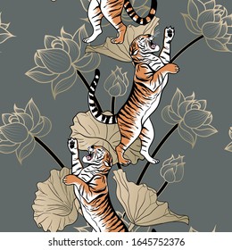 
Hand drawn aggressive tigers and golden lotus flowers. Seamless vector pattern. Graphic sketch.
