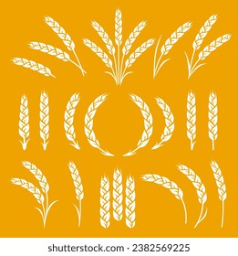 Hand drawn agricultural wheat ears, oats, rye grain spikes with leaves set icons silhouette