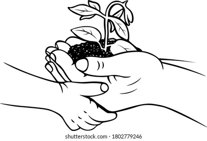 hand drawn agronomy sketch growth doodle two hands child and adult harvest soil and plant vector illustration black and white icon
