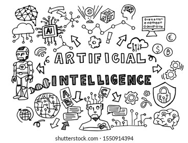 handgezeichnet, künstliche Intelligenz, doodle Vektorgrafik-Hintergrund