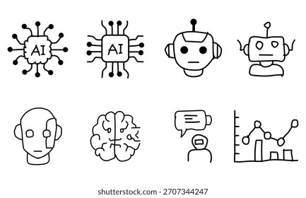 Handgezeichnete KI und Robotik Doodle Icons Vektor Einfache Gehirn, Chip, Roboter, und Tech Sketch Graphics