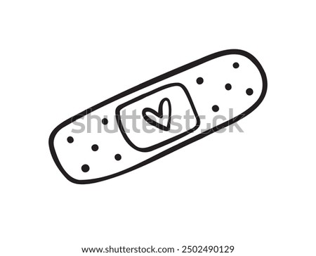 Hand drawn aid band plaster with heart care isolated on white background. doodle outline style. Vector illustration