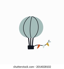Globo aéreo dibujado a mano con banderas en el cielo. Ilustración plana vectorial aislada en fondo blanco. Imagen de dibujos animados para pegatinas, afiches, postales, diseño de camisetas.