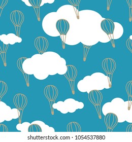 hand drawn air baloons line silhouettes on blue sky with white clouds.  Flat cartoon vector ornament. Retro style background.  Seamless pattern. Good for print, paper, fabric.