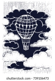 Hand drawn air hot balloon in the cloudy sky. Chinese pictorial art. Vector illustration for zentangle. Coloring book pages. Black and white image. Print for t shirt. Graphic design. Vintage.
