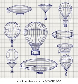 Hand drawn air hot balloons and airship zeppelins sketch on notebook page. Vector illustration