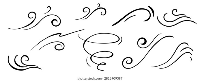 Hand drawn air wind motion set. Doodle lines of hurricane blow and windy storm flow waves. Autumn wind blowing in motion, windy spiral of winter hurricane or summer breeze