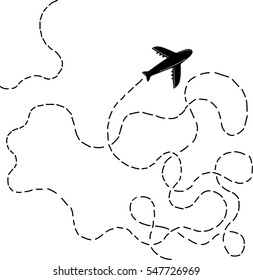  Hand drawn airplane with dotted lines road. Stylish vector illustration. Wanderlust. Travelling.