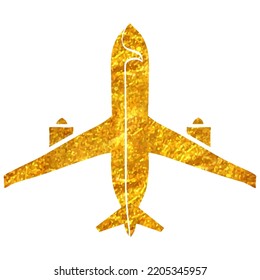 Hand drawn Airplane icon in gold foil texture vector illustration