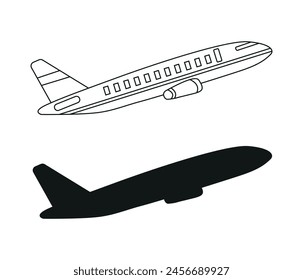 Hand drawn airplane outline illustration and silhouette