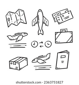 hand drawn airport, Set of airport icons, Airplane travel with doodle style