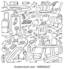 Hand drawn airport set. Vector illustration of doodle travel elements