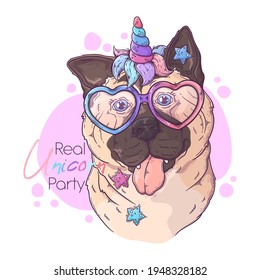 Hand drawn akita dog with unicorn horn Vector. Isolated objects for your design. Each object can be changed and moved.