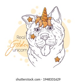 Hand drawn akita dog with unicorn horn Vector. Isolated objects for your design. Each object can be changed and moved.