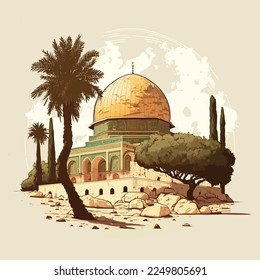 hand drawn al Aqsa illustration, Isra Miraj background.