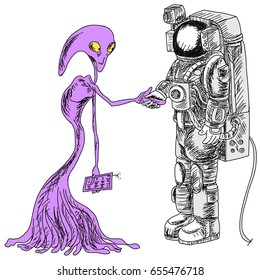 Hand drawn Alain hold hand with Astronaut in outer space