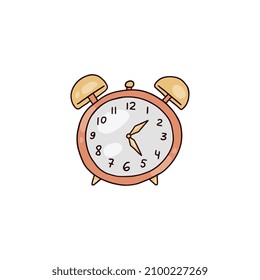 Hand drawn alarm clock with bells sign or symbol, doodle color vector illustration isolated on white background. Alarm clock timepiece for morning awakening.