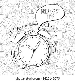  Hand drawn alarm clock. Breakfast time phrase. Alarm clock with bubble speech