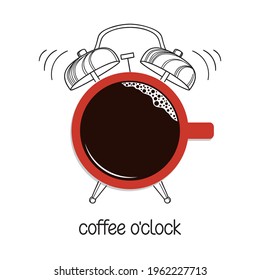 Reloj de alarma dibujado a mano con taza de café como cara de reloj. Café en punto, hora de descanso, buen concepto matutino