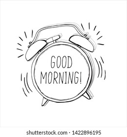  Hand drawn alarm clock. Good morning phrase.