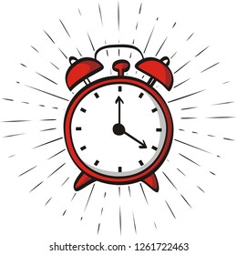 Hand drawn alarm clock isolated on sunburst background