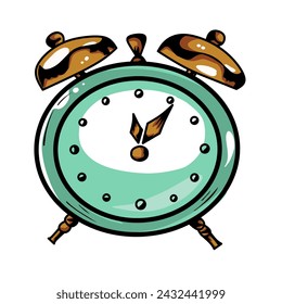 Reloj despertador dibujado a mano aislado sobre fondo blanco. Ilustración vectorial anticuada.