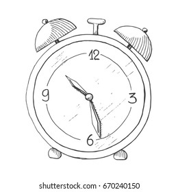 Hand drawn alarm clock isolated on white background. Vector illustration of a sketch style.
