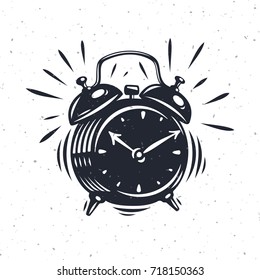 Hand drawn alarm clock isolated on white background. Vector old-fashioned illustration. Modern calligraphy style set. 