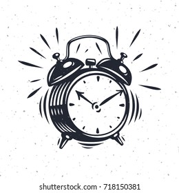 Hand drawn alarm clock isolated on white background. Vector old-fashioned illustration. Modern calligraphy style set. 