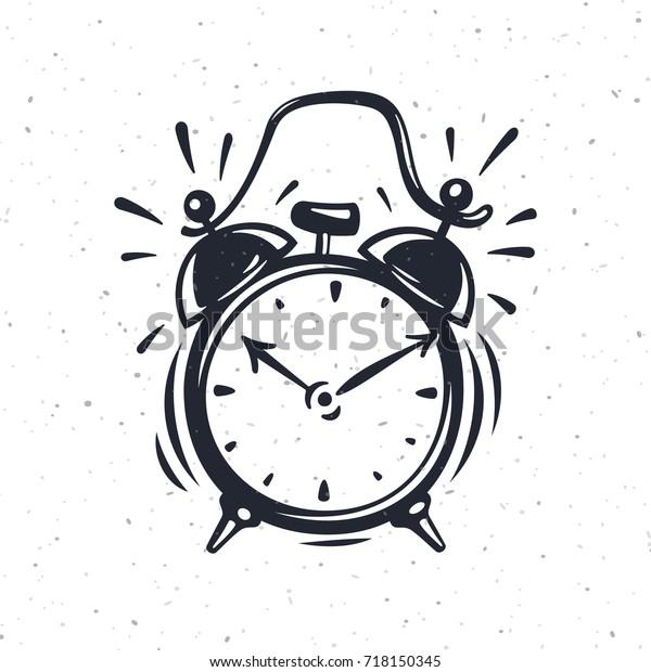 Hand drawn alarm clock isolated on white background.\
Vector old-fashioned illustration. Modern calligraphy style set.\
