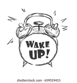 Hand drawn alarm clock with lettering wake up. Vector sketch
