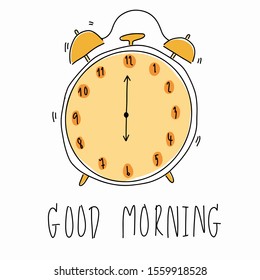 Hand drawn alarm clock on white background.