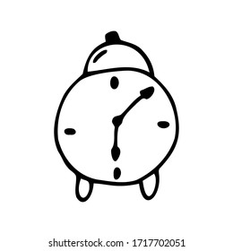 Hand drawn alarm clock on a white isolated background. Doodle, simple outline illustration. It can be used for decoration of textile, paper and other surfaces.