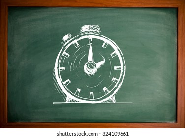 Hand drawn alarm clock on green chalkboard. Vector illustration.