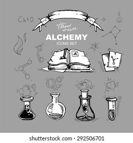 hand drawn alchemy icons set with test tubes. Isolate on dark background