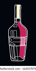 Hand drawn alcohol bollte. Vector sketch of a bottle colored with white outline on black background.