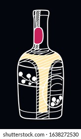 Hand drawn alcohol bollte. Vector sketch of a bottle colored with white outline on black background.