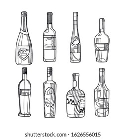 Hand drawn alcohol bolltes. Vector sketch of a bottles isolated on white.