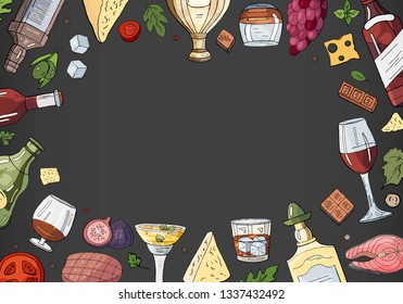 Hand drawn alcohol collection with space for text on black background. Vector alcohol, drinks 