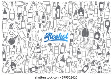 Hand Drawn Alcohol Doodle Set Background With Blue Lettering In Vector