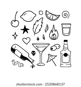 Hand drawn alcohol doodles. Cocktails, bar and drinks vector clip art.