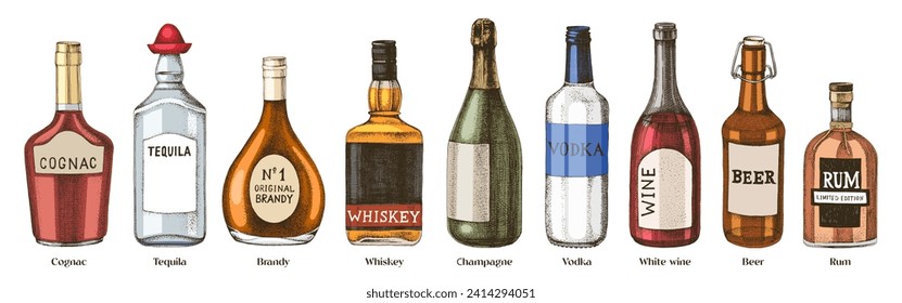 Hand drawn alcohol drinks in bottles