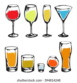 Hand drawn alcohol drinks collection for design. Set of alcohol glasses. Colorful sketch of alcohol. Illustration for bar, restaurant, cafe, night club.