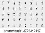 Hand drawn alcohol drinks icons set. Sketch style glasses, cocktails, wine, beer and spirits. Minimal black line illustration for menus, bars, branding and web design.
