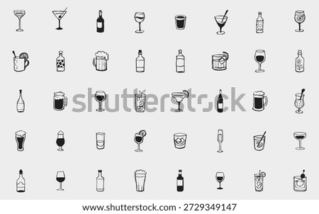 Hand drawn alcohol drinks icons set. Sketch style glasses, cocktails, wine, beer and spirits. Minimal black line illustration for menus, bars, branding and web design.