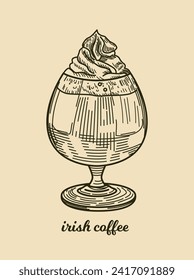 Hand drawn alcoholic cocktail. Delicious Irish coffee with cream and whiskey. Vintage sketch with classic beverage. Retro poster or bar menu. Linear flat vector illustration isolated on background