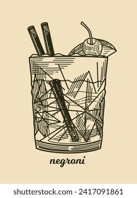 Hand drawn alcoholic cocktail. Refreshing summer aperitif with vermouth and gin. Vintage sketch with glass of Negroni. Retro poster for bar. Linear flat vector illustration isolated on background